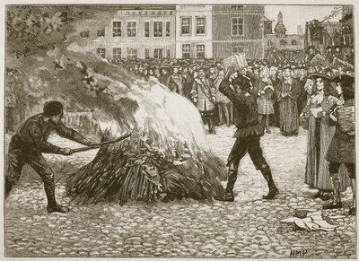 Verbranding van Blounts pamflet door de beul, illustratie uit Cassells Illustrated History of England door English School