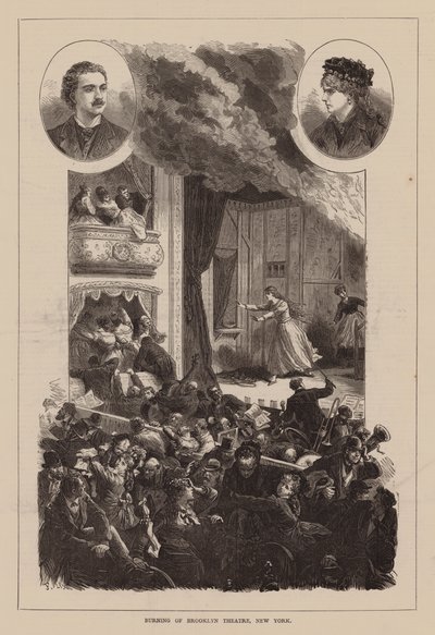 Brand van Brooklyn Theatre, New York (gravure) door English School