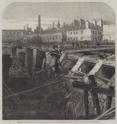 Barsten van de Fleet Ditch en vernietiging van een deel van de Metropolitan Railway, scène van het ongeluk door English School