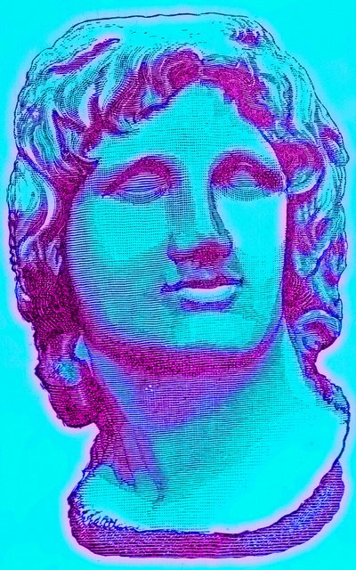 Buste van Alexander de Grote, uit het British Museum, standbeeld in het Vaticaan, illustratie uit Geschiedenis van Rome door Victor Duruy, gepubliceerd 1884 door English School