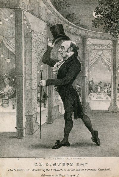 C H Simpson, vierendertig jaar de ceremoniemeester in de Koninklijke Tuinen, Vauxhall, Londen door English School
