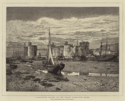 Caernarvon Castle, aan de Seiont rivier, laag water (gravure) door English School