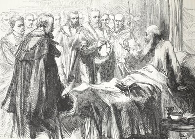 Calvijn spreekt de Raad voor de laatste keer toe, illustratie uit De Geschiedenis van het Protestantisme door James Aitken Wylie, gepubliceerd in 1878 door English School