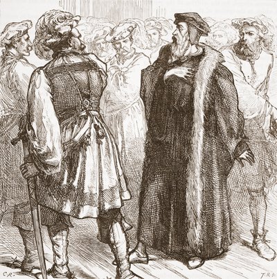 Calvijn voor zijn vijanden in de Raad, illustratie uit De Geschiedenis van het Protestantisme door James Aitken Wylie, gepubliceerd in 1878 door English School