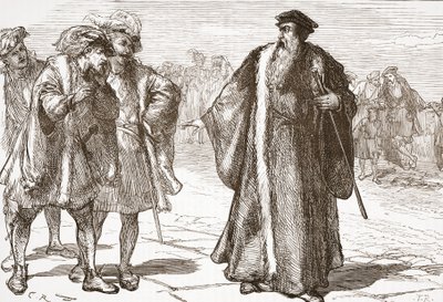 Calvijn beledigd door de Libertijnen op de Rhônebrug, illustratie uit De Geschiedenis van het Protestantisme door James Aitken Wylie, gepubliceerd in 1878 door English School