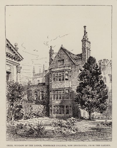 Cambridge: Orielraam van de Lodge, Pembroke College, nu vernietigd, vanuit de tuin door English School