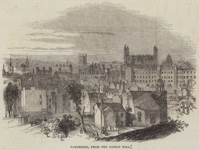 Cambridge, vanaf Castle Hill (gravure) door English School