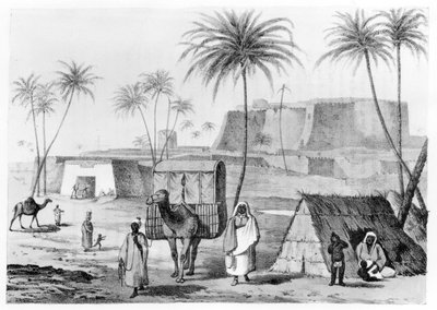 Kameel draagstoel in Morzouk in de Fezzan, Libië, uit Verhaal van Reizen in Noord-Afrika door G.F. Lyon, gepubliceerd 1821 door English School