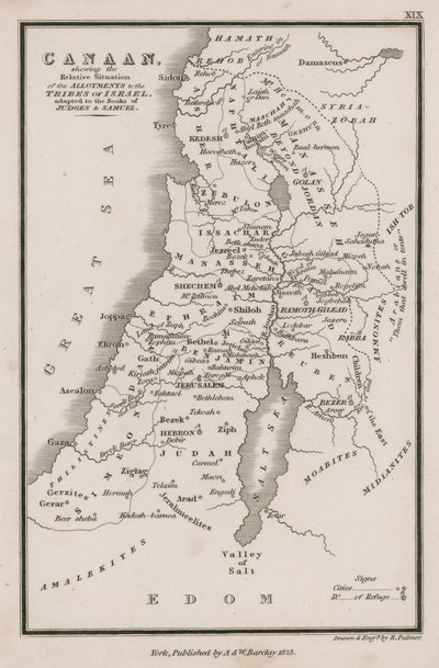 Kanaän, met de relatieve ligging van de toewijzingen aan de stammen van Israël, aangepast aan de boeken van Rechters & Samuel door English School