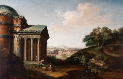 Capriccio uitzicht op het Pantheon, figuren en een aquaduct, ca. 1760 door English School