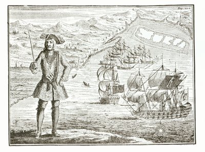 Kapitein Bartholomew Roberts met twee schepen, de Royal Fortune en Ranger zeilen in Whydah Road aan de kust van Guinee, 11 januari 172? uit A General History of the Robberies and Murders of the most Notorious Pyrates door English School
