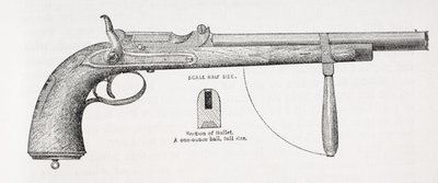 Kapitein Burtons karabijnpistool en projectiel, uit Het Leven van Kapitein Sir Richard Burton, Deel II door Isabel Burton, gepubliceerd 1893 door English School