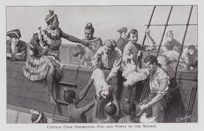 Kapitein Cook presenteert varkens en kippen aan de Maori