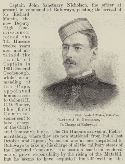 Kapitein J S Nicholson, verantwoordelijk in Buluwayo (gravure) door English School