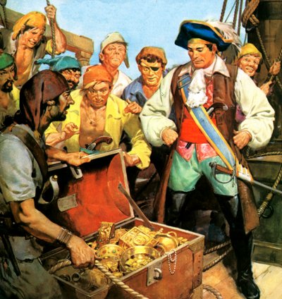 De verloren schat van kapitein Kidd, waarvan hij het geheim meenam naar de galg in 1701 (kleurenlitho) door English School