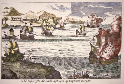 Kapitein Morgan verslaat Spaanse oorlogsschepen die de monding van het Meer van Maracaibo blokkeren in 1669 door English School