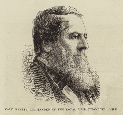 Kapitein Revett, commandant van het Royal Mail stoomschip "Nile" (gravure) door English School