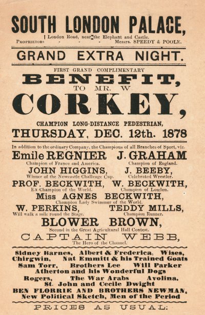 Kapitein Webb, de held van het Kanaal, Corkey de voetganger, de Beckwiths (zwemmers) en anderen in het South London Palace, 1878 door English School
