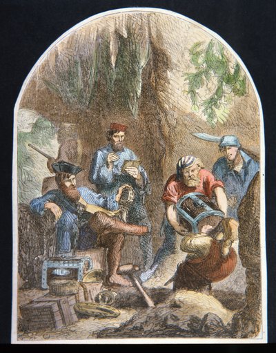 Kapitein William Kidd verbergt schatten in een grot (kleur litho) door English School