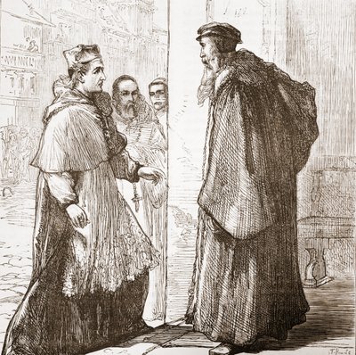 Kardinaal Sadoleto bezoekt Calvijn, illustratie uit De Geschiedenis van het Protestantisme door James Aitken Wylie, gepubliceerd in 1878 door English School