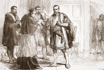 Kardinaal de Tournon leest het protestantse plakkaat voor aan Frans I, illustratie uit De Geschiedenis van het Protestantisme door James Aitken Wylie, gepubliceerd in 1878 door English School
