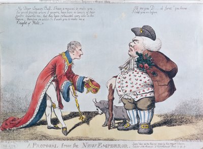 Karikatuur die Napoleon belachelijk maakt ten tijde van de Proclamatie van Napoleon als Keizer op 18 mei 1804, 9 juli 1804 door English School