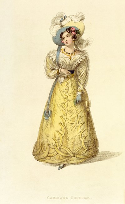 Koetskostuum, modeplaat uit Ackermanns Repository of Arts, ca. 1827 door English School
