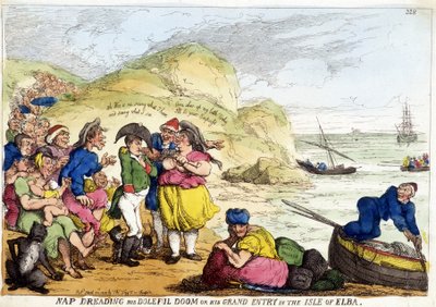 Cartoon over de aankomst van Napoleon Bonaparte op het eiland Elba door English School