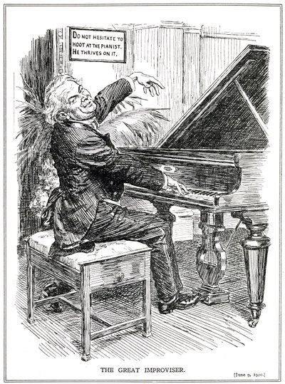 Cartoon die Lloyd George bespot als de Grote Improvisator of leider van de Improvisa-Tories, juni 1920 door English School