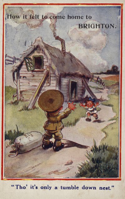 Cartoon propagandakaart van kleine soldaat die terugkeert naar meisje en verwoest huis door English School