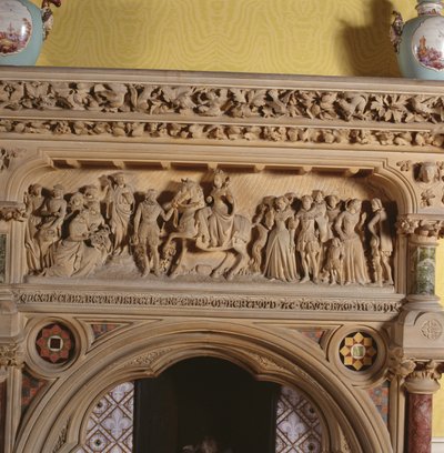 Gesneden open haard in de salon, die Elizabeth I toont die wordt begroet door de Graaf van Hereford in 1591, 16e eeuw door English School