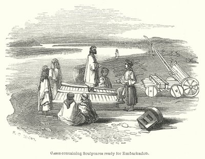 Kisten met beeldhouwwerken klaar voor inscheping (gravure) door English School