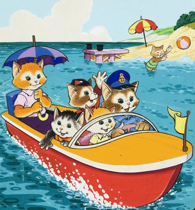 Kattenfamilie in motorboot door English School