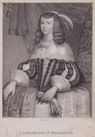 Catherine van Braganza, koningin-gemalin van koning Karel II (gravure) door English School