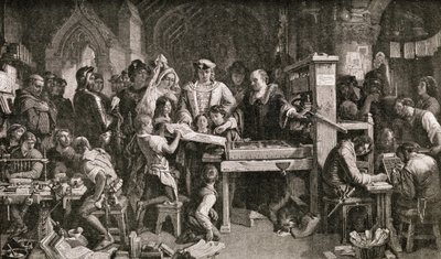 Caxton (c.1422-91) toont voorbeelden van zijn drukwerk aan koning Edward IV in de Almonry in Westminster, 1858 door English School