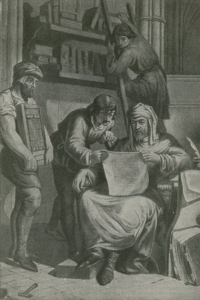 Caxton onderzoekt zijn eerste proef door English School