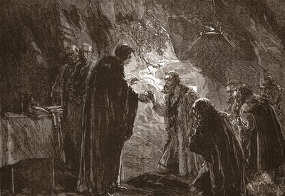 Viering van het Avondmaal door Calvijn en zijn mede-protestanten in de grot van Poitiers, illustratie uit De Geschiedenis van het Protestantisme door James Aitken Wylie, gepubliceerd in 1878 door English School