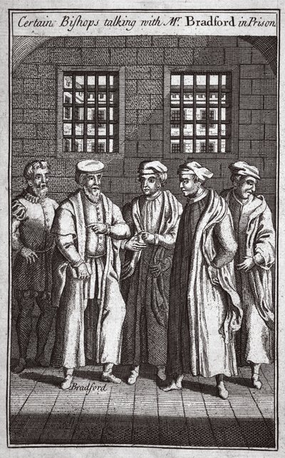 Bepaalde bisschoppen praten met meneer Bradford in de gevangenis, illustratie uit Foxes Martelaren ca. 1703 door English School