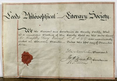 Certificaat van erelidmaatschap voor Sir Humphry Davy (1778-1829) aan de Leeds Philosophical and Literary Society, 5 december 1823 door English School
