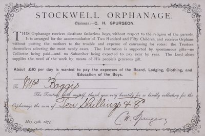 Certificaat van dank voor een donatie aan het Stockwell Weeshuis, Londen, 1874 door English School