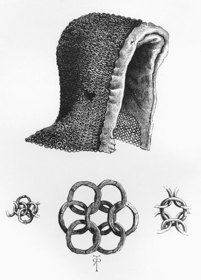 Kettingmail kap en voorbeeld van in elkaar grijpende kettingmail, ca. 1120, uit The British Army: Its Origins, Progress and Equipment, gepubliceerd in 1868. door English School
