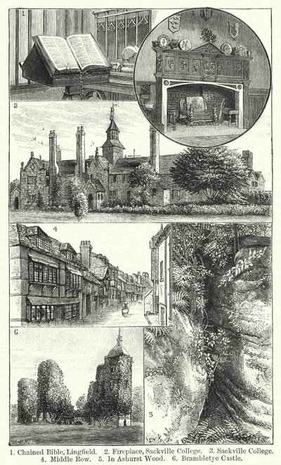 Gebonden Bijbel, Lingfield; Open haard, Sackville College; Sackville College; Middle Row; In Ashurst Wood; Brambletye Castle door English School