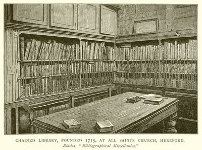 Gebonden bibliotheek, opgericht in 1715, bij All Saints Church, Hereford door English School