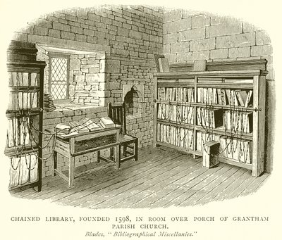 Geketende Bibliotheek, opgericht in 1598, in Kamer boven Portiek van Grantham Parochiekerk door English School