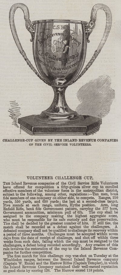 Uitdagingsbeker gegeven door de Inland Revenue Companies van de Civil Service Volunteers (gravure) door English School
