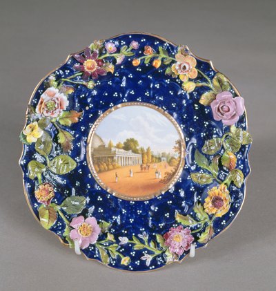 Chamberlains Worcester bord met ingelegde bloem en een uitzicht op Montpellier Pump Room, Cheltenham, 1820 door English School