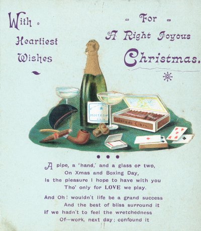 Champagne, sigaren en speelkaarten, kerstkaart door English School