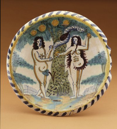 Schotel met het Bijbelse verhaal van Adam en Eva in de Hof van Eden, ca. 1680 door English School