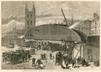 Charing Cross Spoorwegwerken: monster ijzeren liggerbrug bij het London Bridge Spoorwegstation door English School