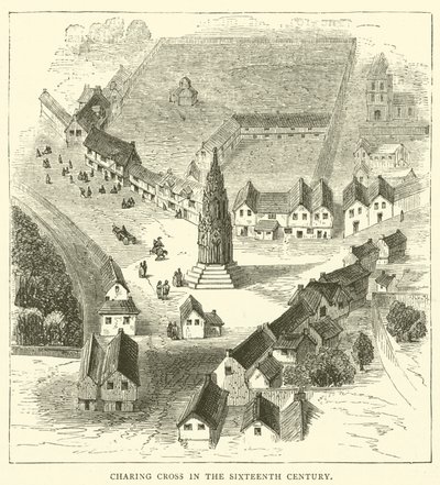 Charing Cross in de zestiende eeuw (gravure) door English School